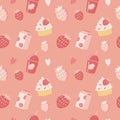 Cute vector seamless pattern with strawberries, strawberry cocktails and cupcakes. Royalty Free Stock Photo